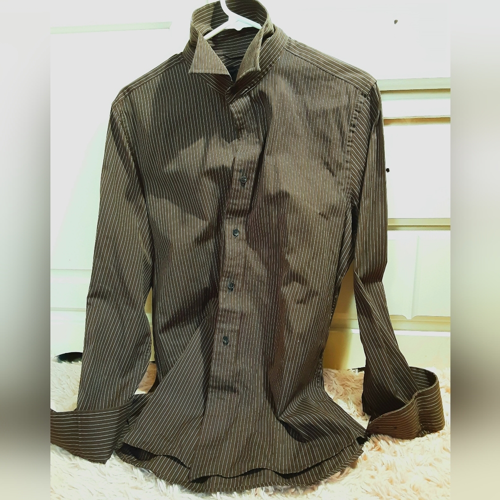 Express Modern Fit Brown Strip Button Up Shirt Mens M Long Sleeve Collared